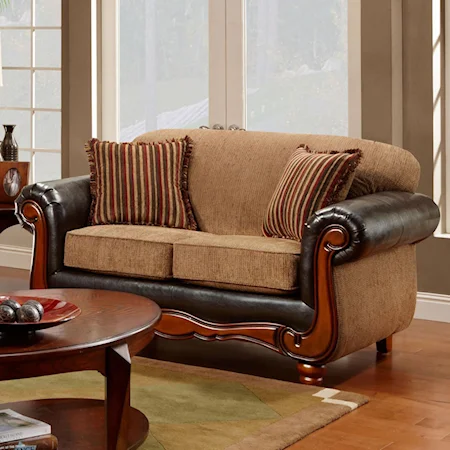 Traditional Two-Tone Rolled Arm Loveseat with Wood Trim